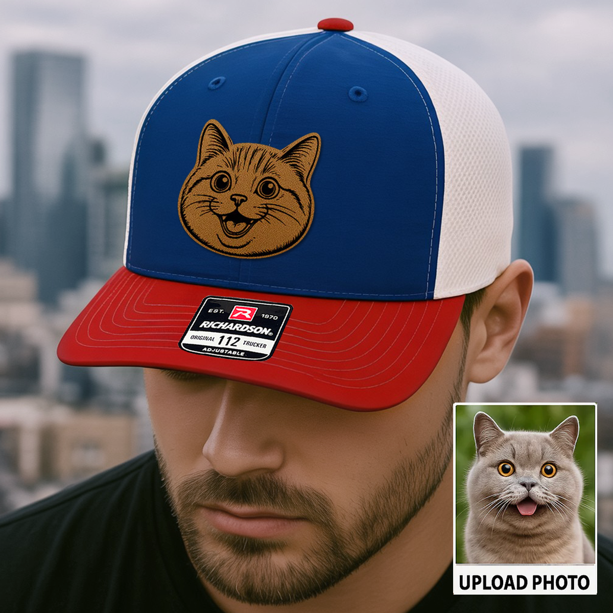 Custom Pet Photo Trucker Hat – Personalized Leather Patch Hat – Cat Portrait Gift – Custom Pet Face Hat P99A15
