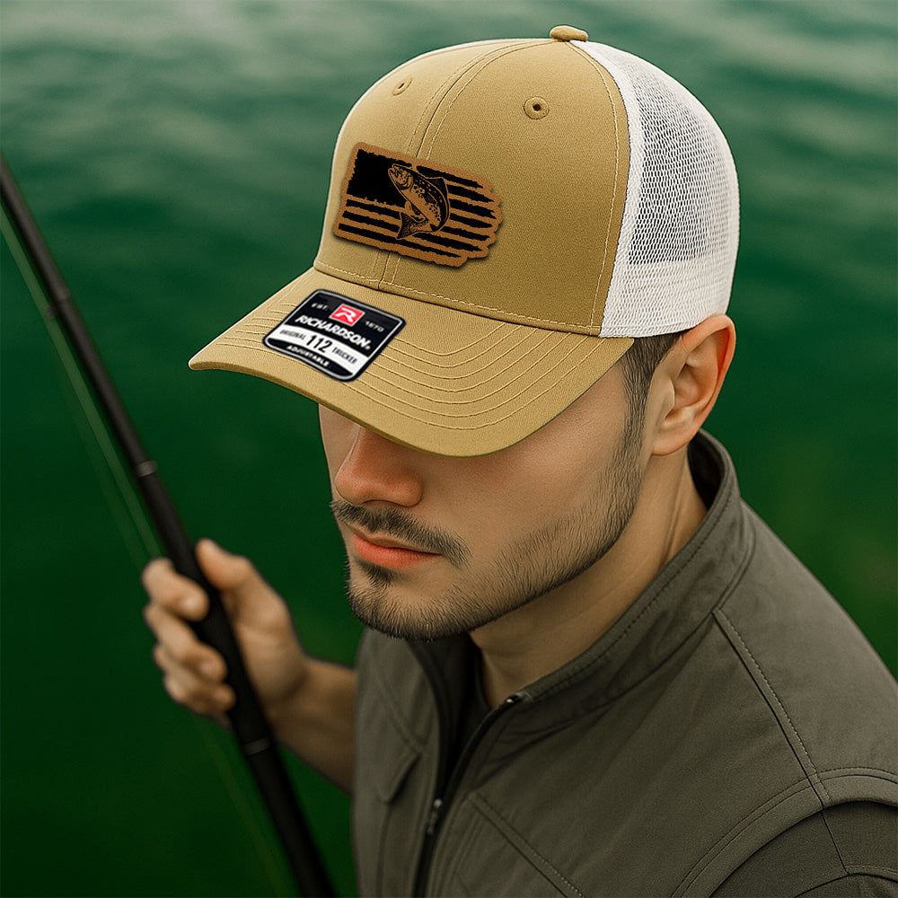Personalized Fishing Leather Patch Trucker – American Flag Edition – Gift for Outdoorsmen THUC99MF03