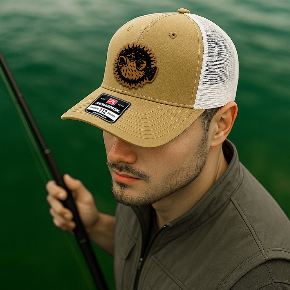 Custom Fishing Hat for Him – Personalized Trucker Cap with Leather Patch Design THUC99MF34