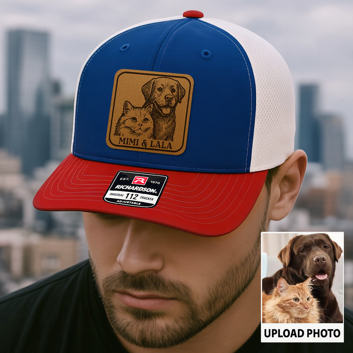 Custom Dog & Cat Photo Trucker Hat | Personalized Pet Patch Leather Patch Hat | Pet Memorial Gift TNGANSP032
