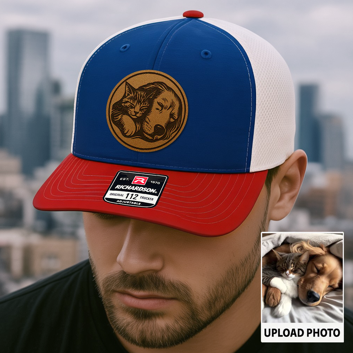 Custom Pet Photo Trucker Hat | Personalized Dog & Cat Patch Leather Patch Hat | Gift For Pet Lovers TNGANSP016