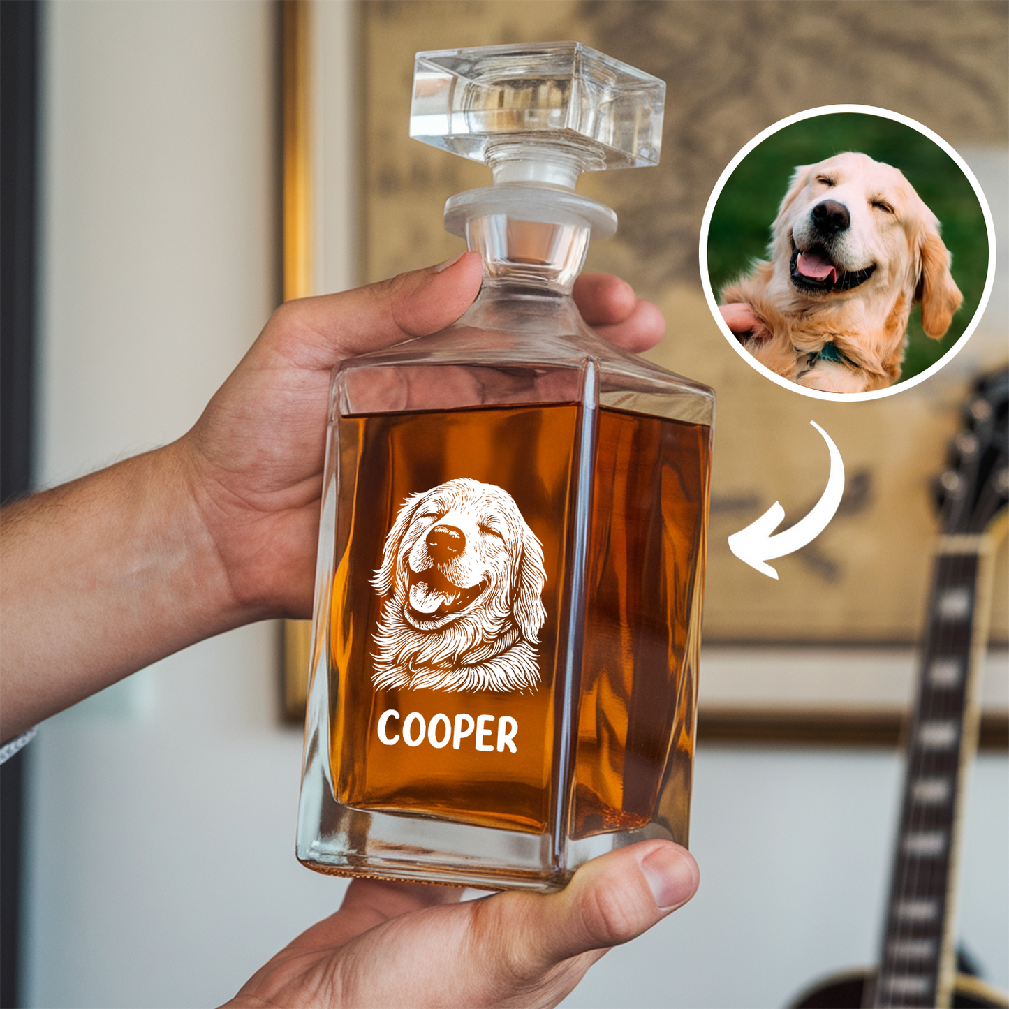 Custom Dog Photo Whiskey Glass And Decanter Set | Personalized Dog Photo Decanter | Gift For Dog Lover | Pet Memorial Gift TNN09