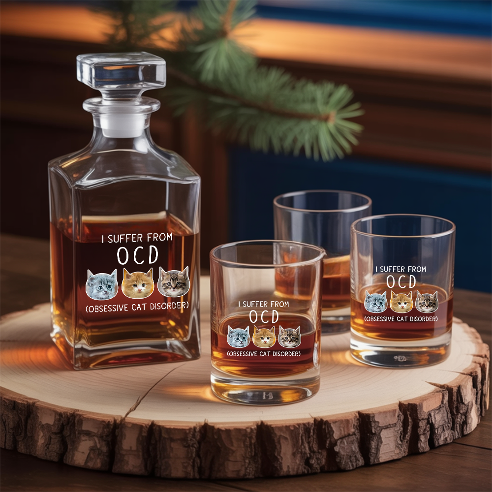 Custom Cat Photo I Suffer From Obsessive Cat Disorder Whiskey Glass And Decanter Set | Personalized Cat Photo | Pet Lover Gift