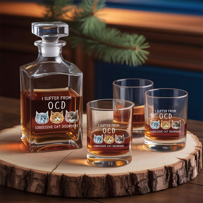 Custom Cat Photo I Suffer From Obsessive Cat Disorder Whiskey Glass And Decanter Set | Personalized Cat Photo | Pet Lover Gift