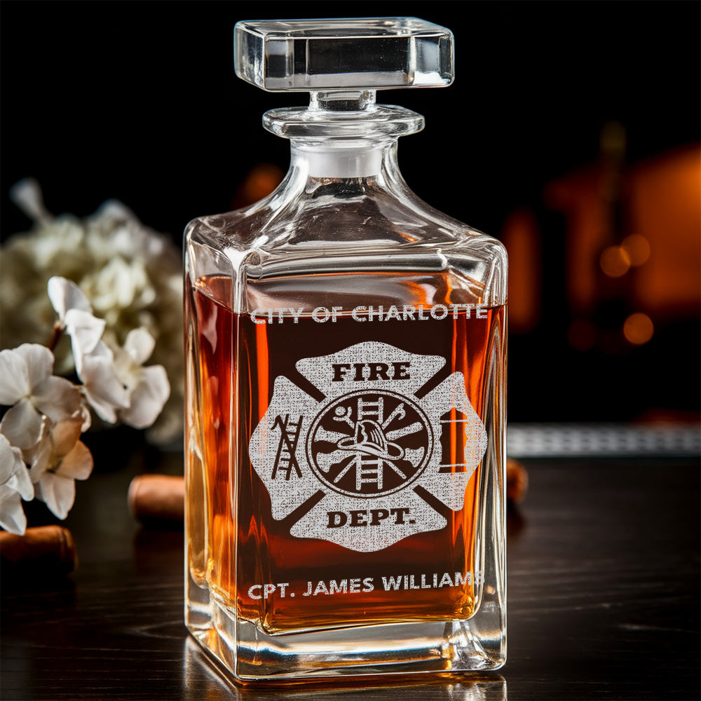 Custom Fire Department Whiskey Decanter Set, Engraved Name Firefighter Gift