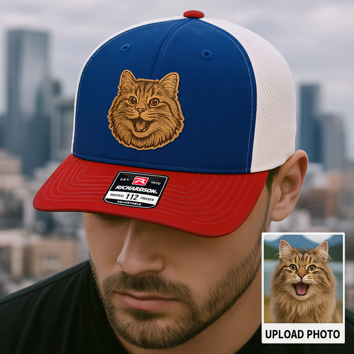 Custom Pet Photo Trucker Hat – Personalized Leather Patch Hat – Cat Portrait Gift – Custom Pet Face Hat P99A14