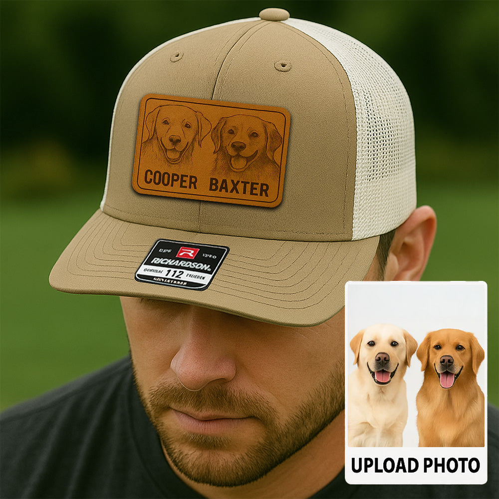 Custom Pet Photo Trucker Hat – Personalized Leather Patch Hat – Couple Dogs Gift – Custom Pet Memorial Hat - Dog Gift - Engraved Hat NGOC99A3
