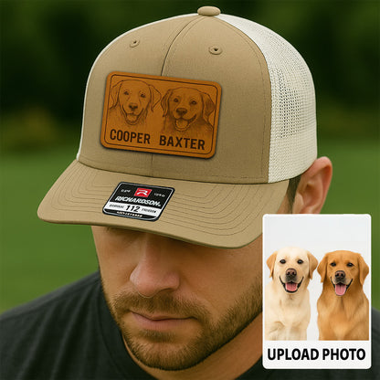 Custom Pet Photo Trucker Hat – Personalized Leather Patch Hat – Couple Dogs Gift – Custom Pet Memorial Hat - Dog Gift - Engraved Hat NGOC99A3