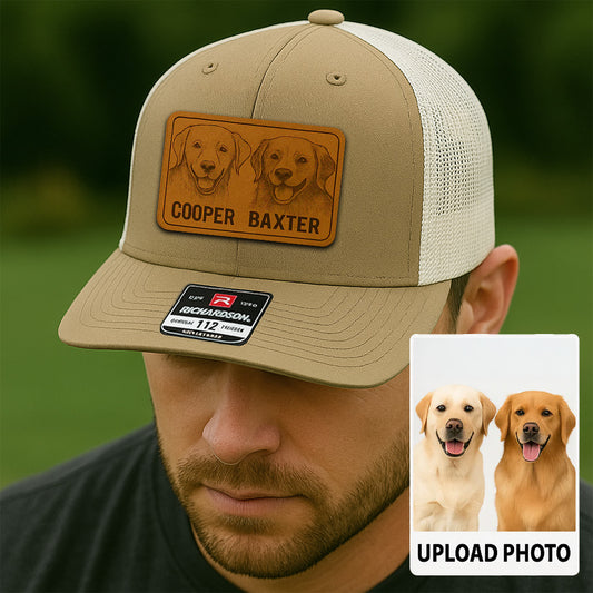 Custom Pet Photo Trucker Hat – Personalized Leather Patch Hat – Couple Dogs Gift – Custom Pet Memorial Hat - Dog Gift - Engraved Hat NGOC99A3