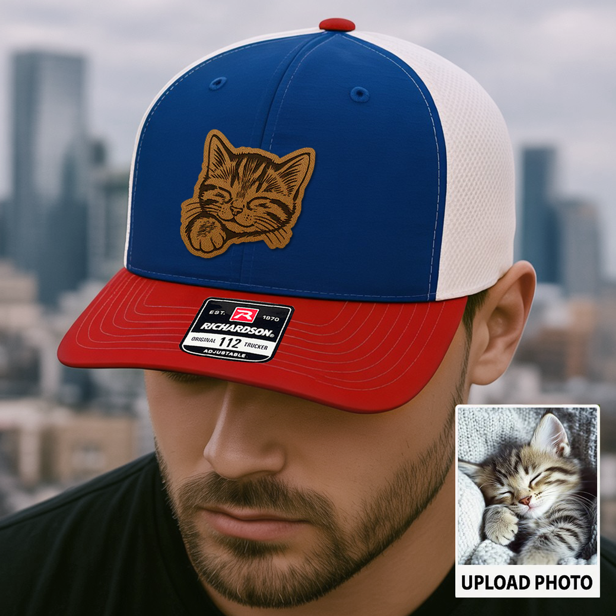 Custom Cat Photo Trucker Hat | Personalized Cat Photo Leather Patch Hat | Cat Lover Gift TNGANSP027