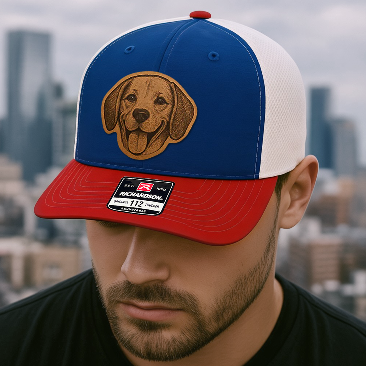 Custom Pet Photo Trucker Hat – Personalized Leather Patch Hat – Dog Gift – Custom Pet Face Hat NGOC99A7
