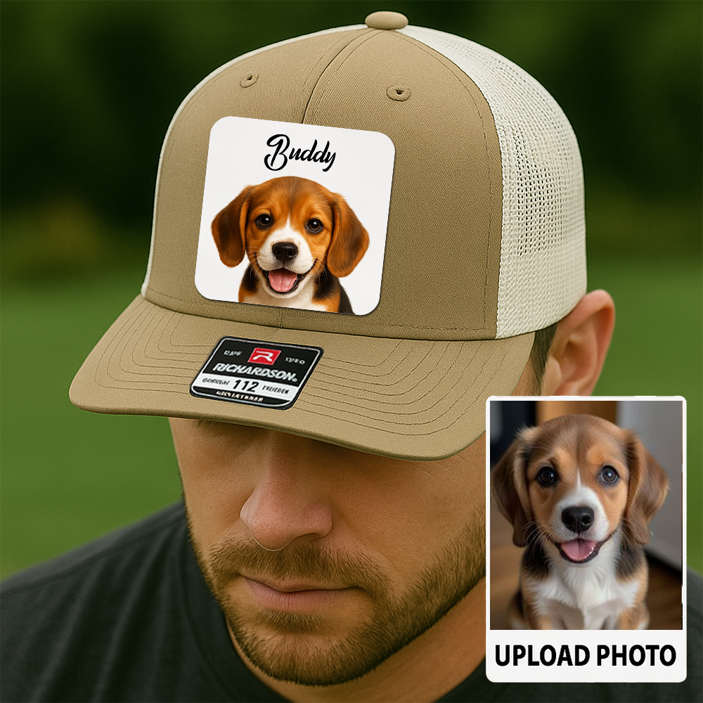 Custom Dog Trucker Cap – Personalized Leather Patch Hat with Printed Pet Face – Gift for Him TH9915