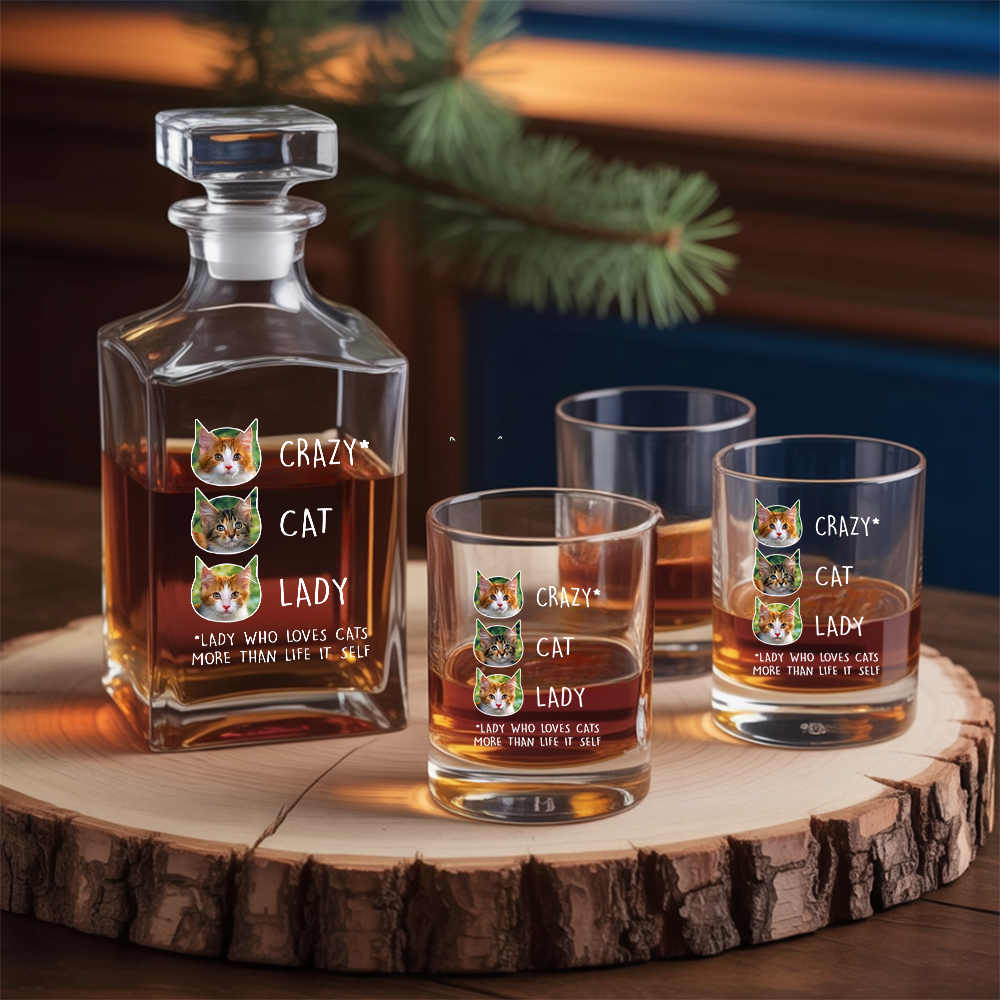 Custom Cat Photo Whiskey Glass And Decanter Set | Personalized Cat Photo Crazy Cat Lady | Gift For Cat Lover
