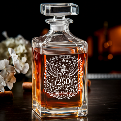 USA 250 Years Anniversary Engraved Whiskey Decanter Set, Patriotic Eagle Bourbon Glassware 1776–2026 THUC99