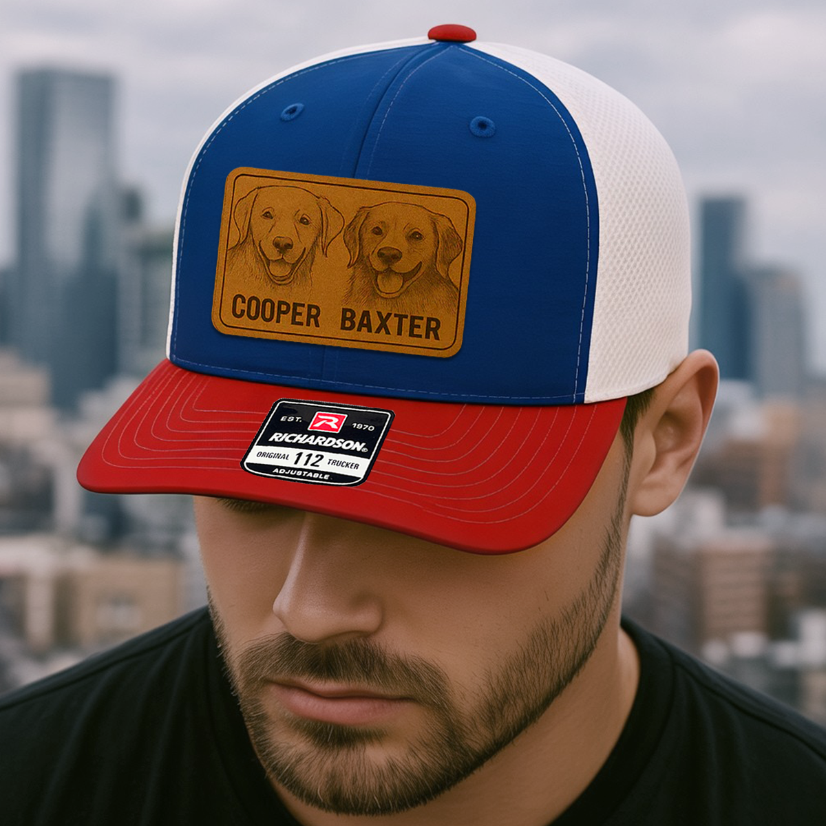Custom Pet Photo Trucker Hat – Personalized Leather Patch Hat – Couple Dogs Gift – Custom Pet Memorial Hat - Dog Gift - Engraved Hat NGOC99A3