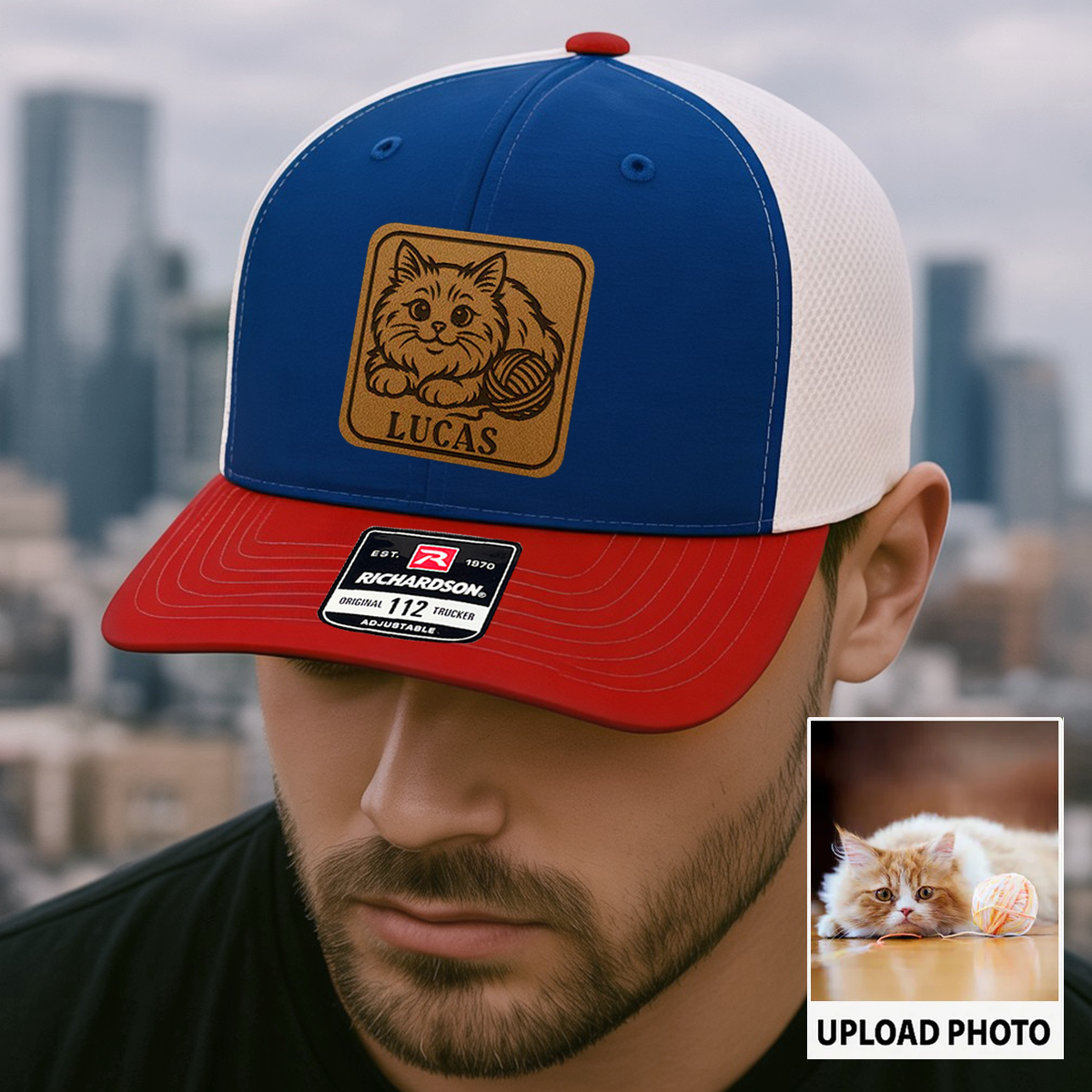 Personalized Cat Photo Leather Patch Hat | Trucker Hat With Cat Photo | Gift For Cat Lover TNGANSP037