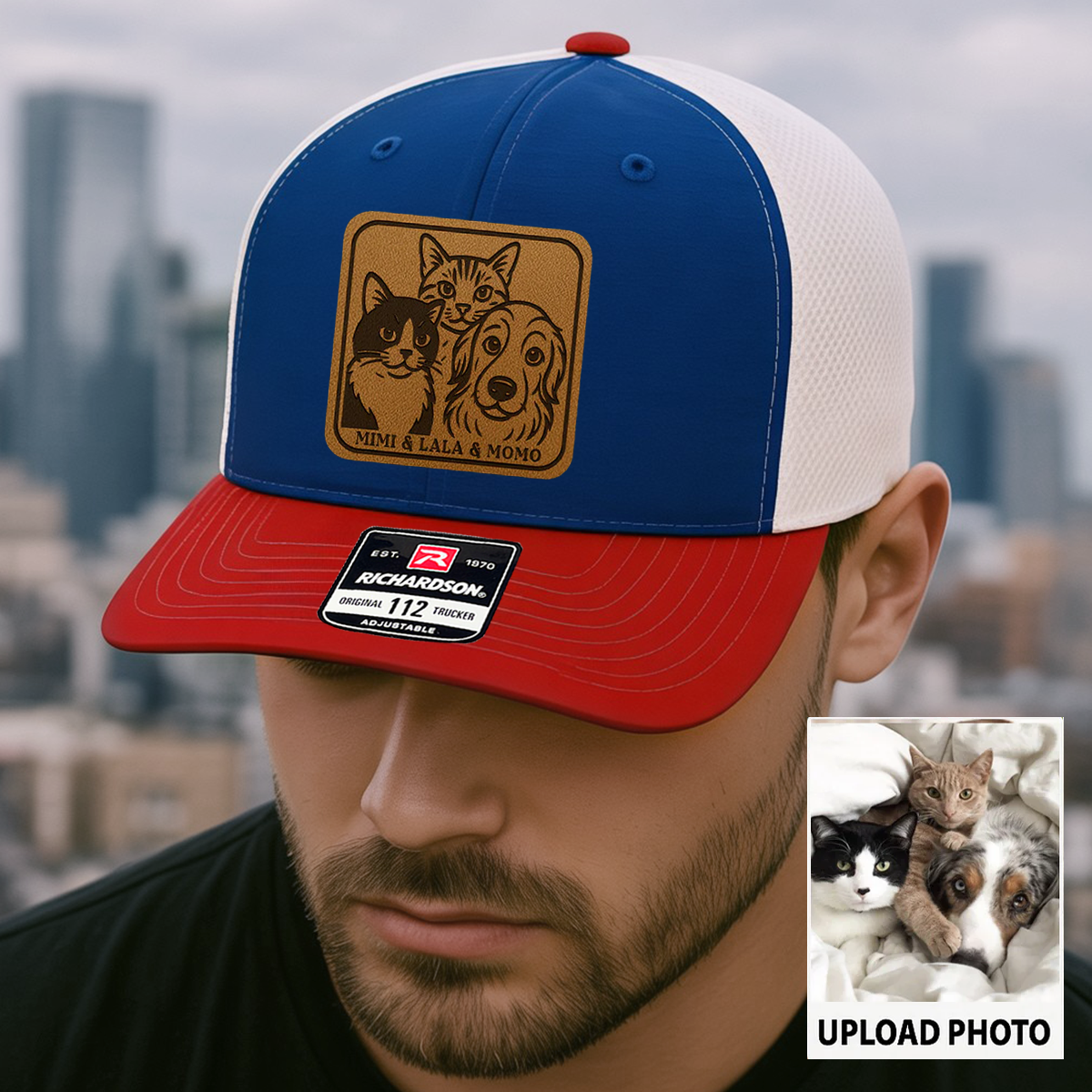 Custom Cat Photo Trucker Hat | Personalized Cat Patch Leather Patch Hat | Gift For Cat Lovers TNGANSP030