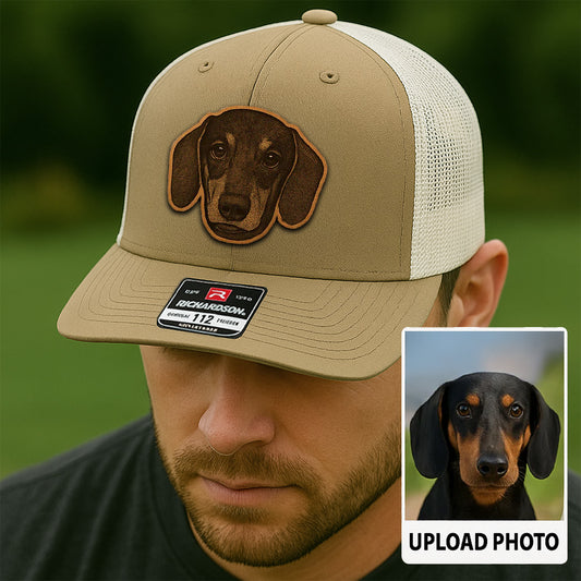 Custom Pet Photo Trucker Hat – Personalized Leather Patch Hat – Dog Dad Gift – Custom Pet Memorial Hat - Dog Lover Gift - Engraved Hat NGOC99A1
