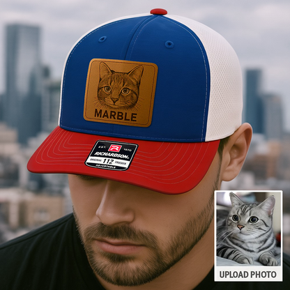 Custom Pet Photo Trucker Hat – Personalized Leather Patch Hat – Cat Portrait Gift – Custom Pet Face Hat P99A12