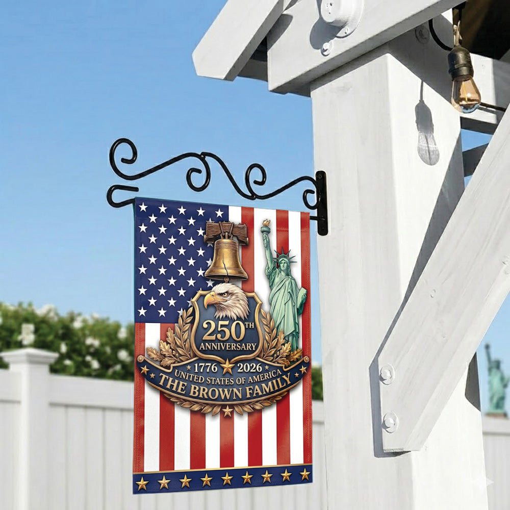 Personalized USA 250th Anniversary 4th of July Flag 1776-2026, Custom Name Patriotic American Garden Flag, Independence Day Outdoor Decor