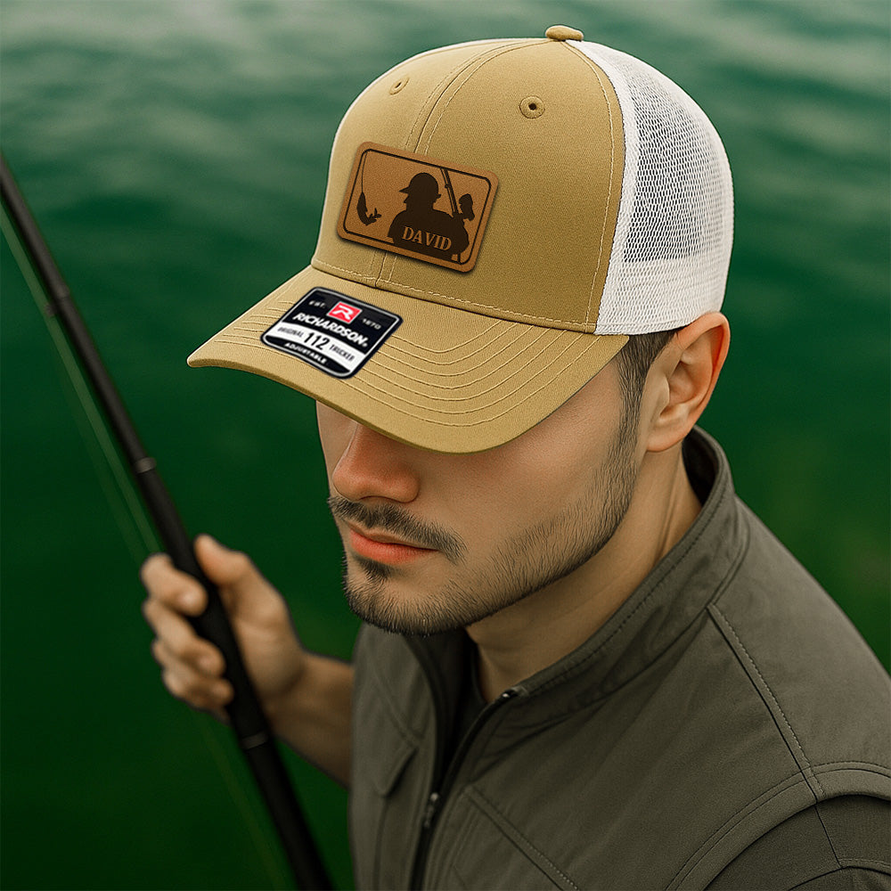Custom Logo Fishing Leather Patch Hat – Perfect Gift for Fisherman, Dad, or Grandpa THUC99MF01
