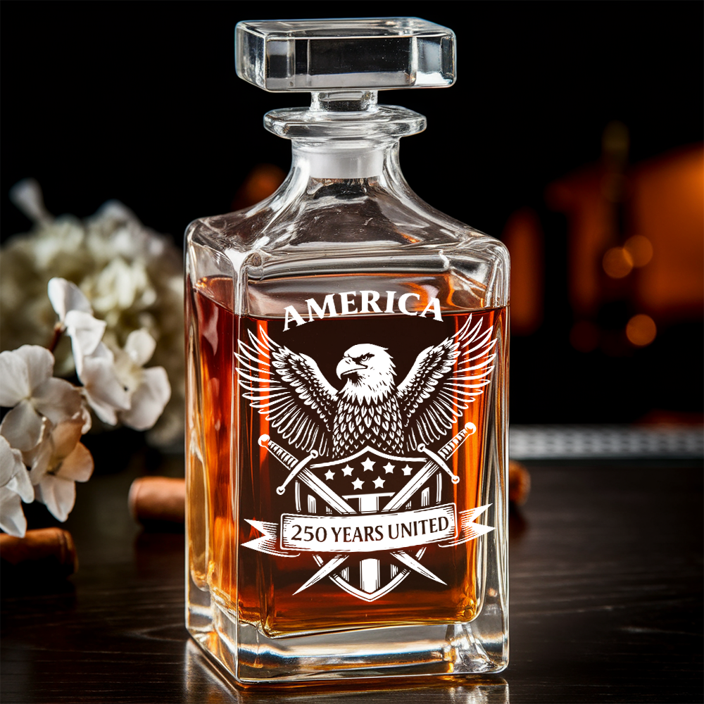 America 250 Years United Engraved Whiskey Decanter Set, Patriotic Eagle Bourbon Gift 1776–2026 THUC99