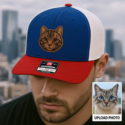 Custom Pet Photo Trucker Hat – Personalized Leather Patch Hat – Cat Owner Gift – Custom Pet Memorial Hat - Cat Gift - Engraved Hat NGOC99A5