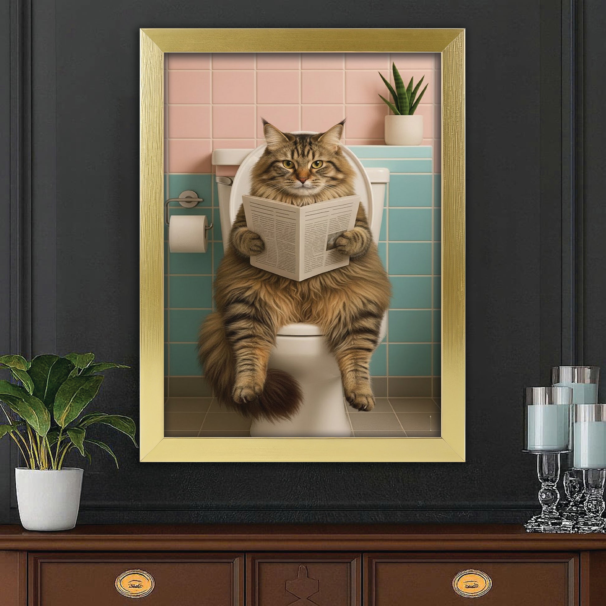 Custom Photo Cat Bathroom Style 8 Canvas Framed Wall Art Gift For Cat Lovers