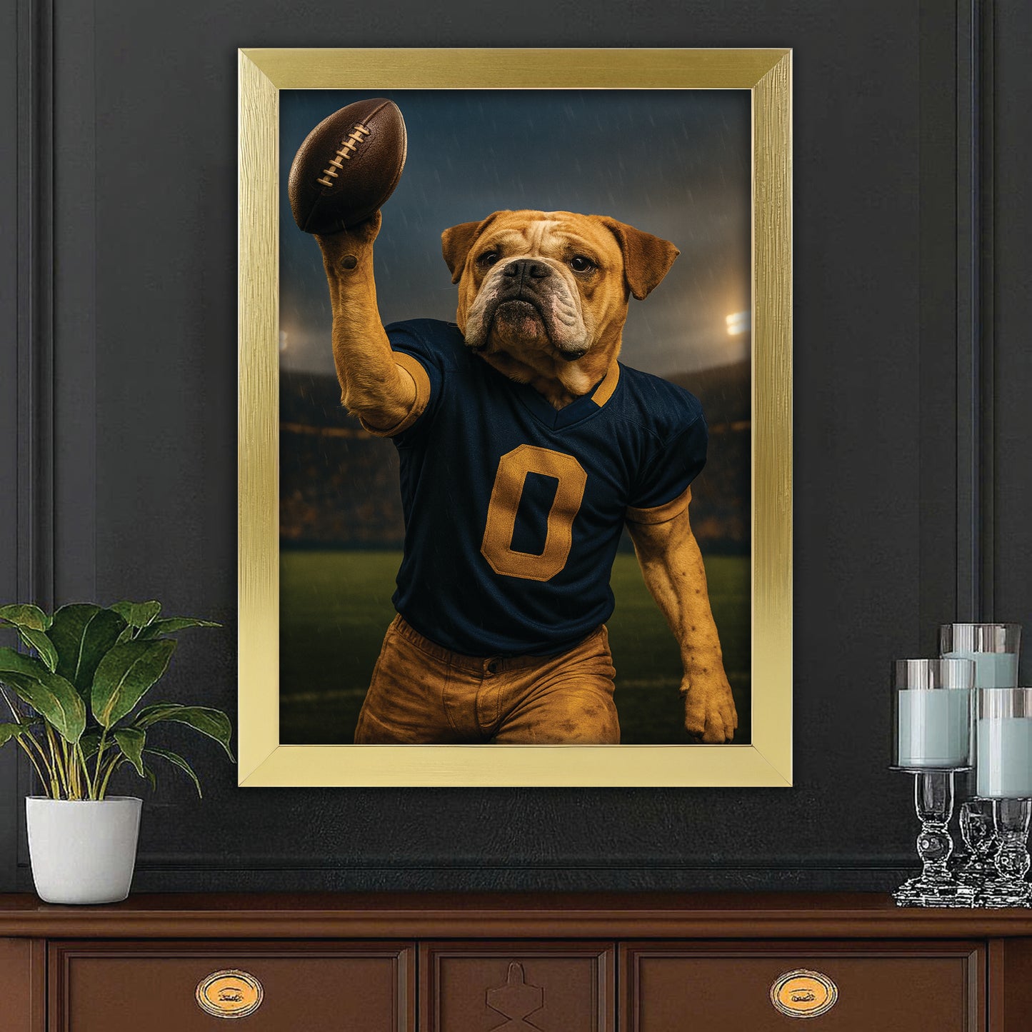 Custom Photo Football Player Canvas Framed Wall Art Gift For Dog Lovers