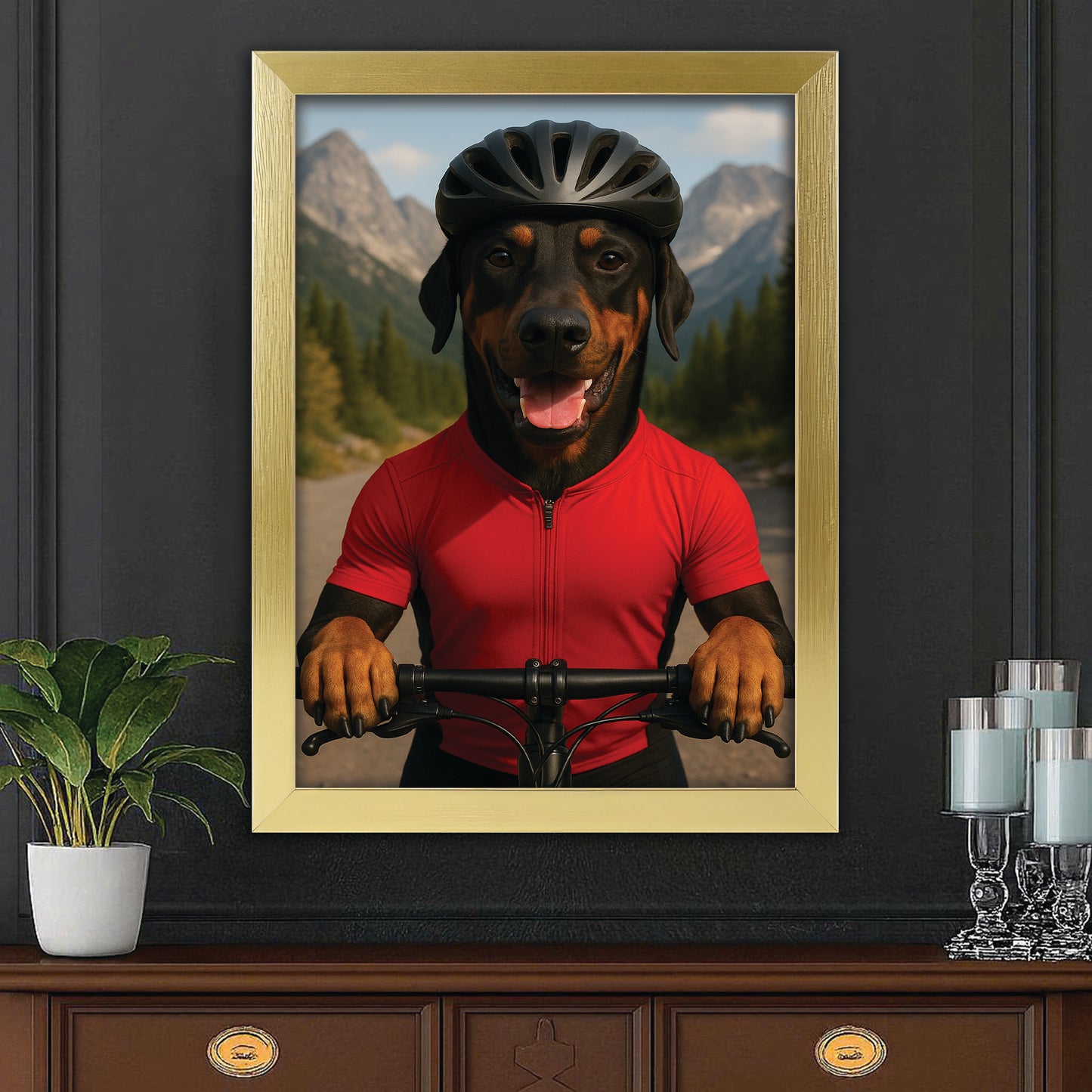 Custom Photo Cyclist Dart Bike Dog Canvas Framed Wall Art Gift For Dog Lovers