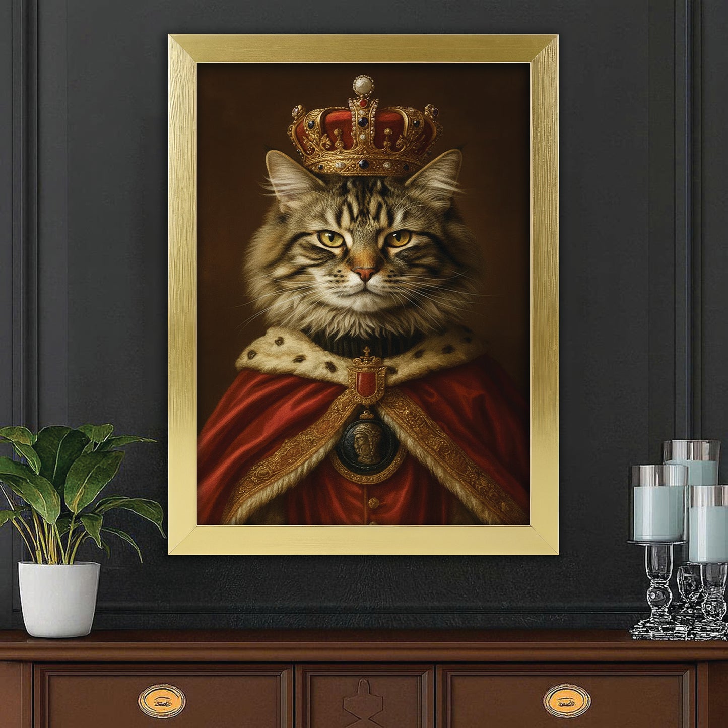 Custom Photo Royal Cat With Crown Canvas Framed Wall Art Gift For Cat Lovers