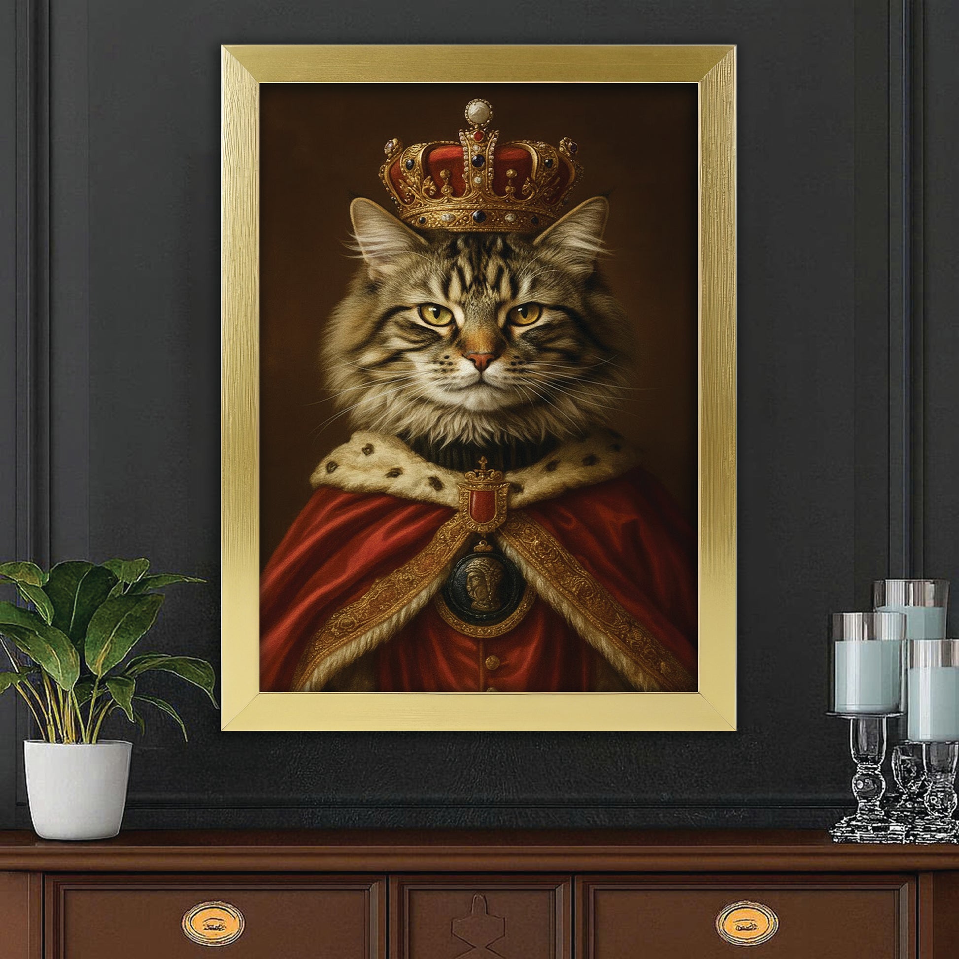 Custom Photo Royal Cat With Crown Canvas Framed Wall Art Gift For Cat Lovers
