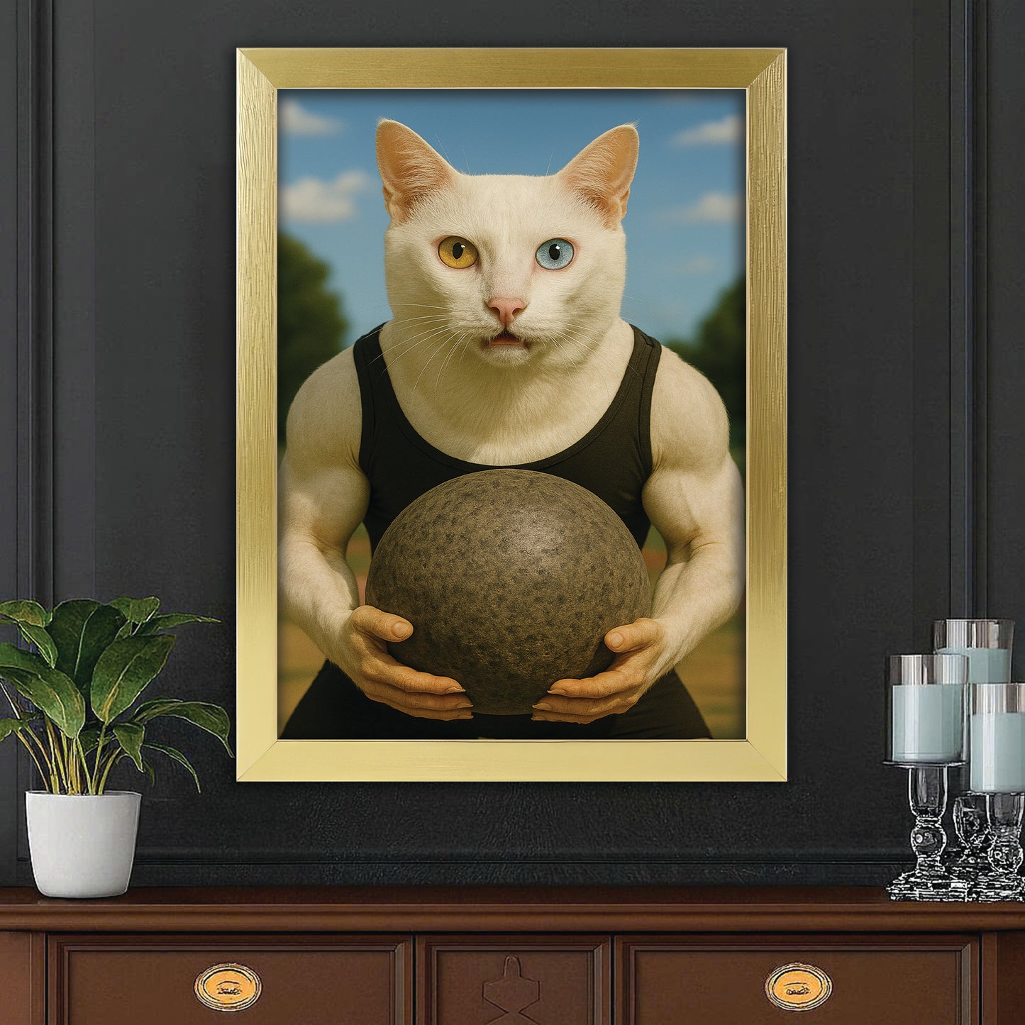 Custom Photo Strongman Cat Canvas Framed Wall Art Gift For Cat Lovers