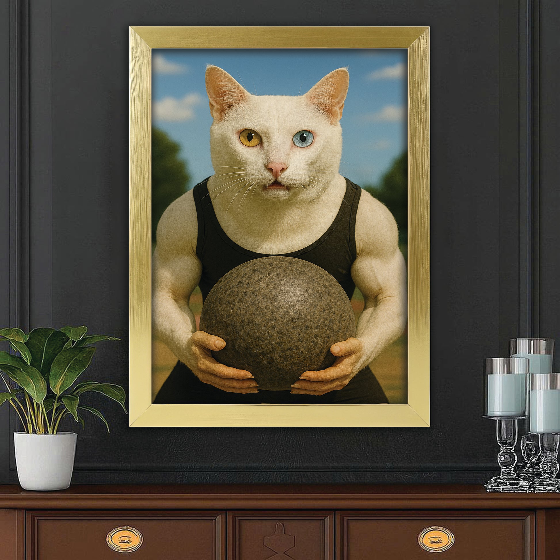 Custom Photo Strongman Cat Canvas Framed Wall Art Gift For Cat Lovers