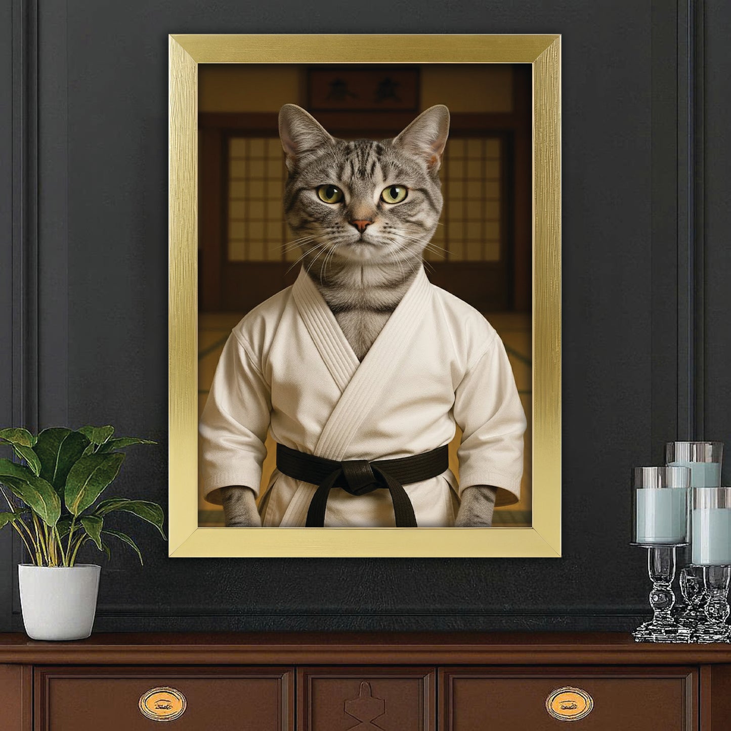 Custom Photo Karate Cat Canvas Framed Wall Art  Gift For Cat Lovers