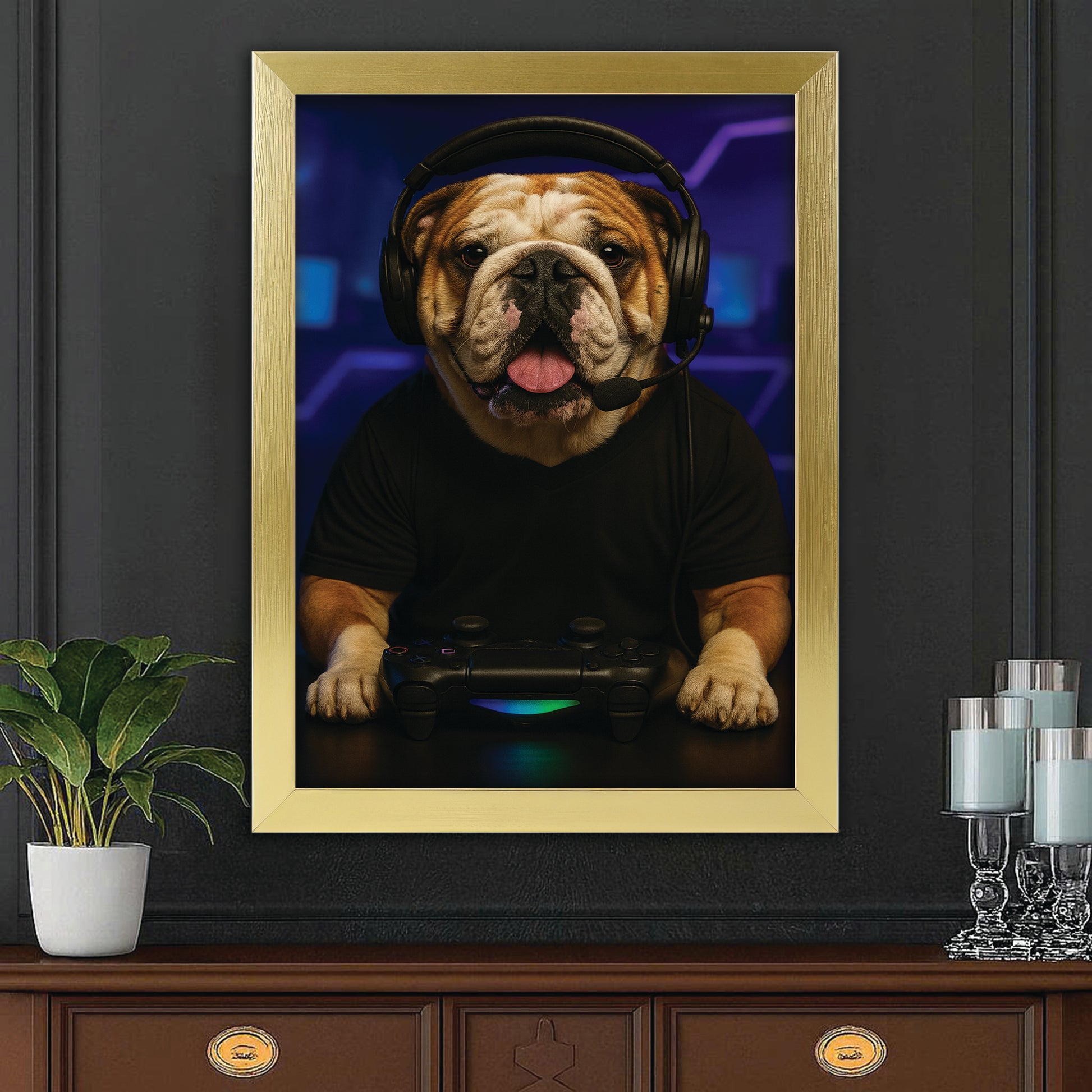 Custom Photo Gamer Dog Canvas Framed Wall Art Gift For Dog Lovers