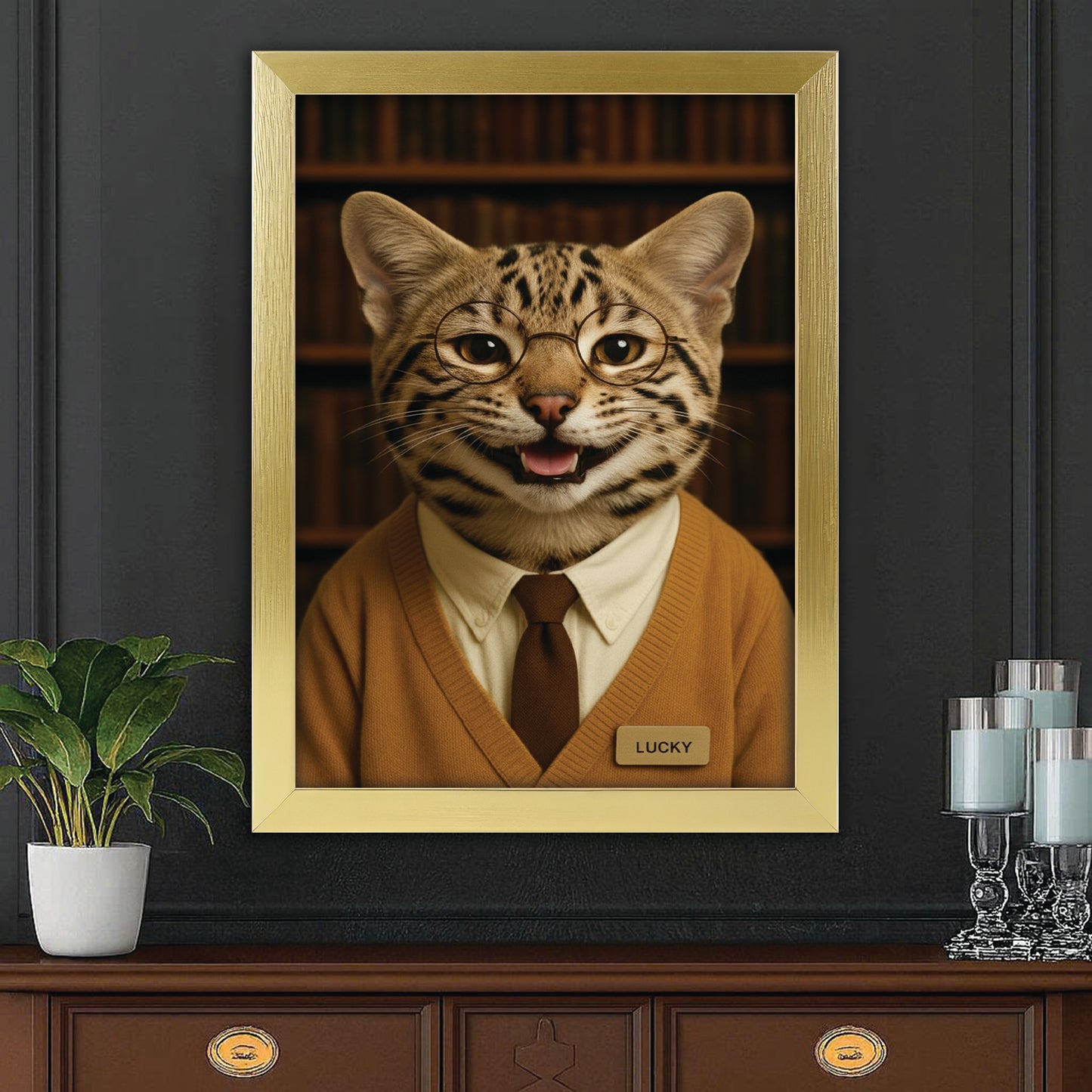 Custom Photo Librarian Book Lover Cat Canvas Framed Wall Art Gift For Cat Lovers