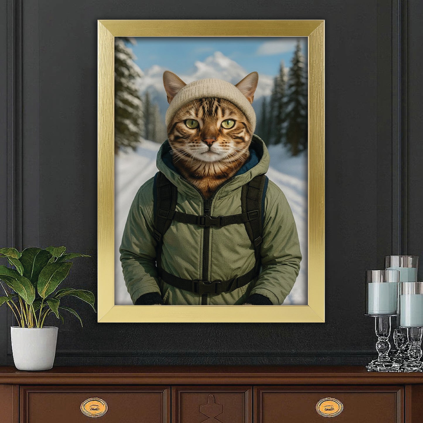 Custom Photo Winter Hiker Cat Canvas Framed Wall Art Gift For Cat Lovers