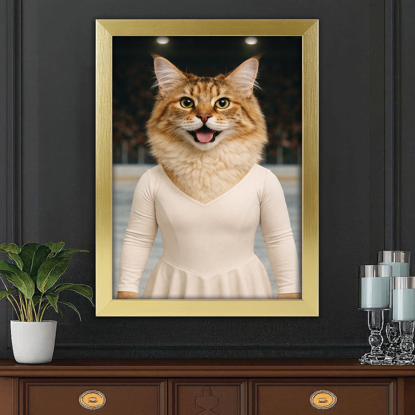 Custom Photo Ice Skater Cat Canvas Framed Wall Art  Gift For Cat Lovers
