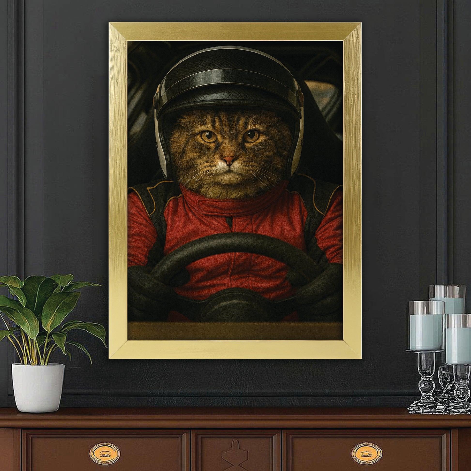 Custom Photo Racing Driver Cat Canvas Framed Wall Art Gift For Cat Lovers
