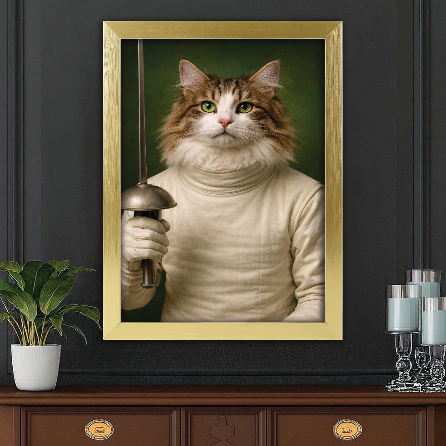 Custom Photo Fencer Cat Canvas Framed Wall Art  Gift For Cat Lovers