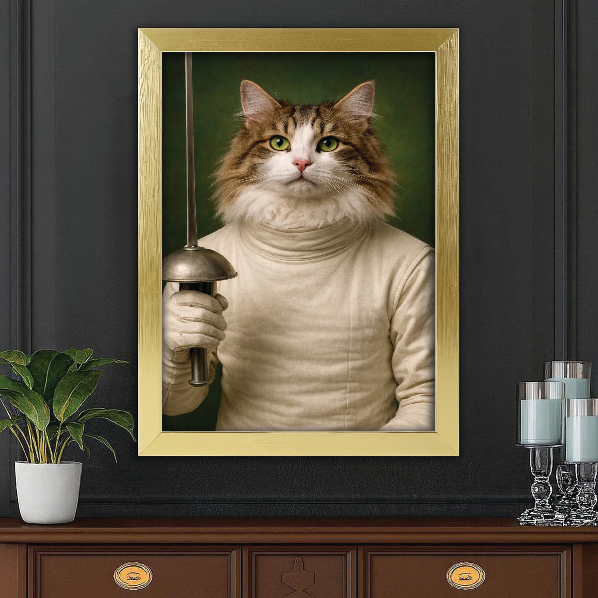Custom Photo Fencer Cat Canvas Framed Wall Art  Gift For Cat Lovers