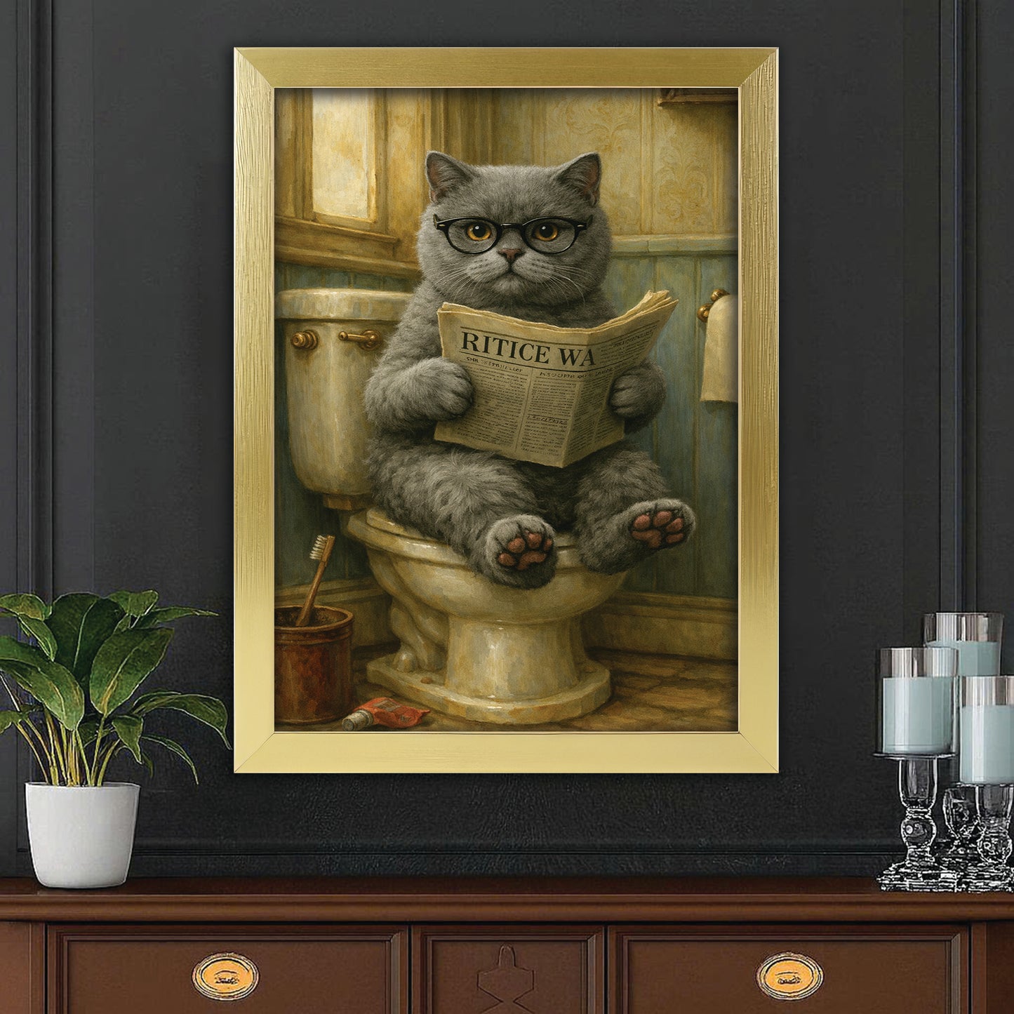 Custom Photo Cat In Bathroom Canvas Framed Wall Art Gift For Cat Lovers