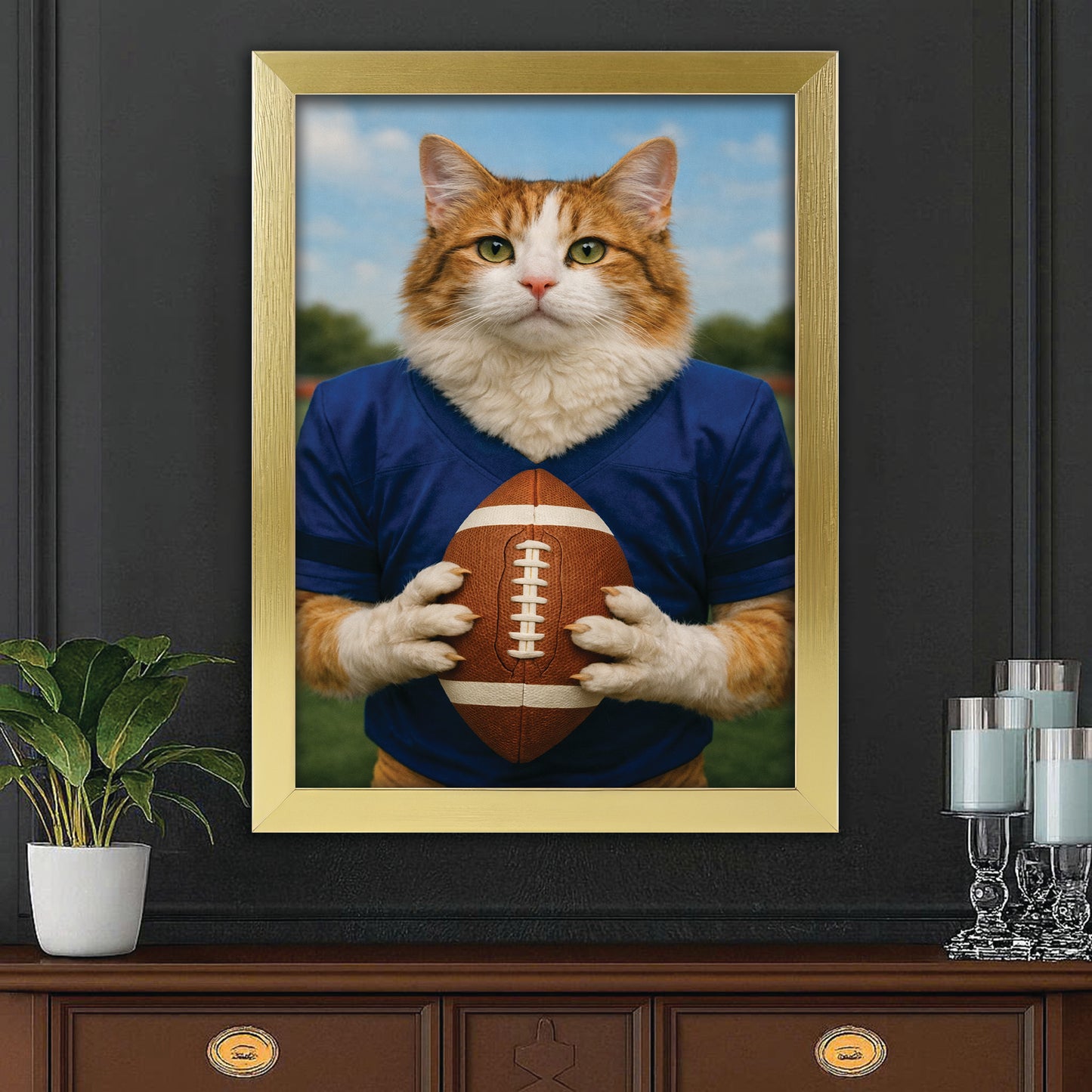 Custom Photo Football Player Cat Canvas Framed Wall Art  Gift For Cat Lovers