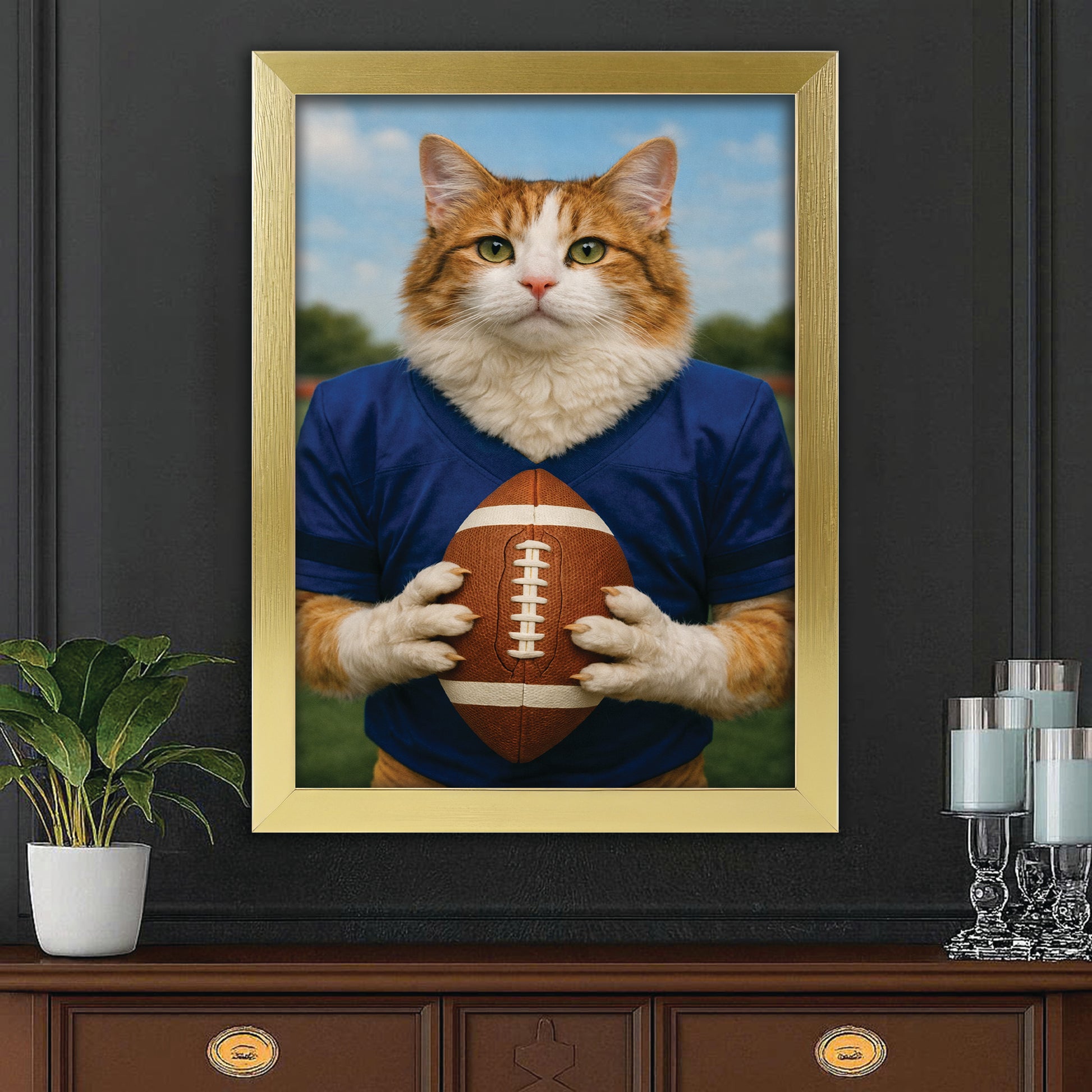 Custom Photo Football Player Cat Canvas Framed Wall Art  Gift For Cat Lovers