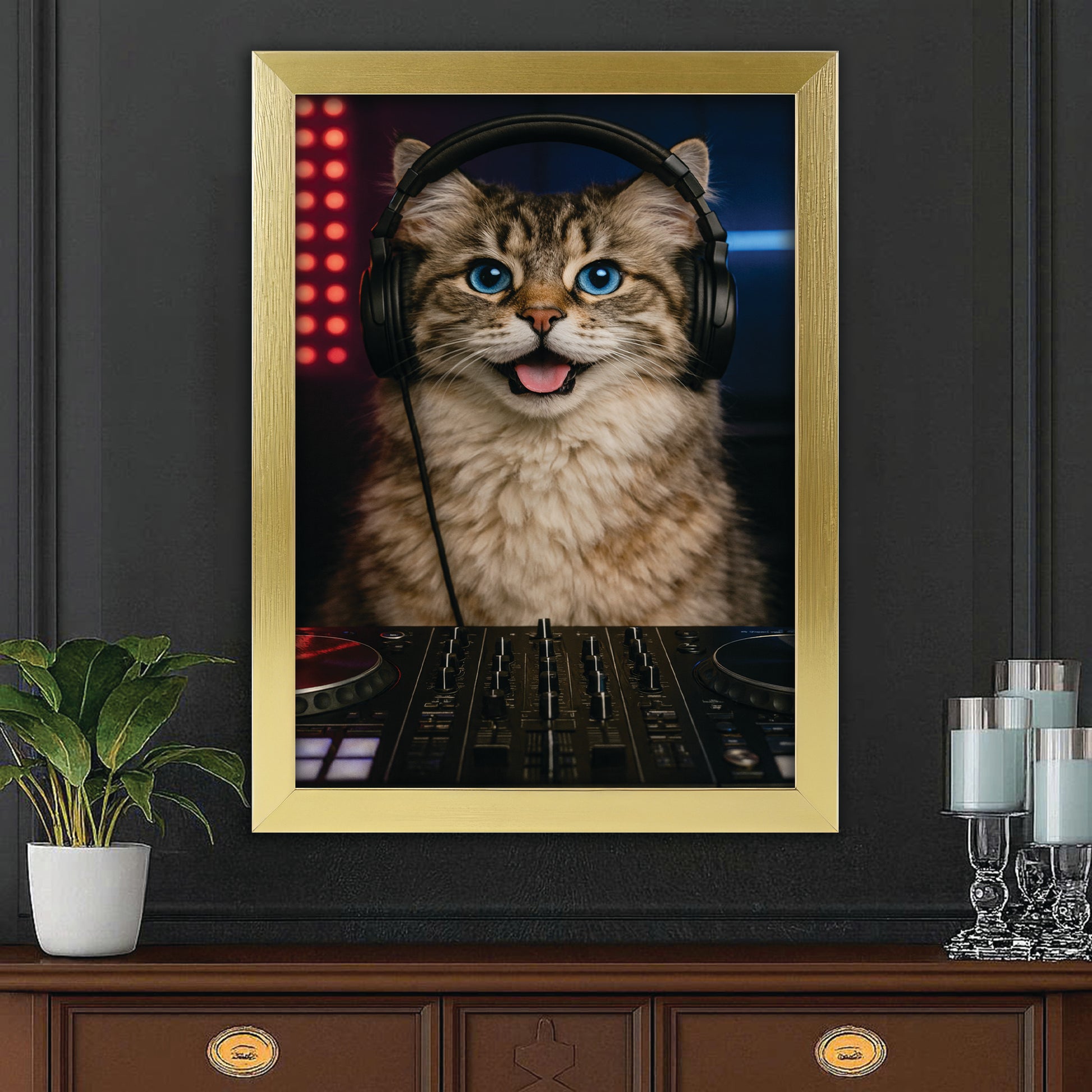 Custom Photo Dj Cat Canvas Framed Wall Art  Gift For Cat Lovers