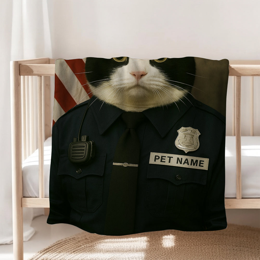 Custom Cat Photo Policeman Blanket _ Gift For Cat Lovers