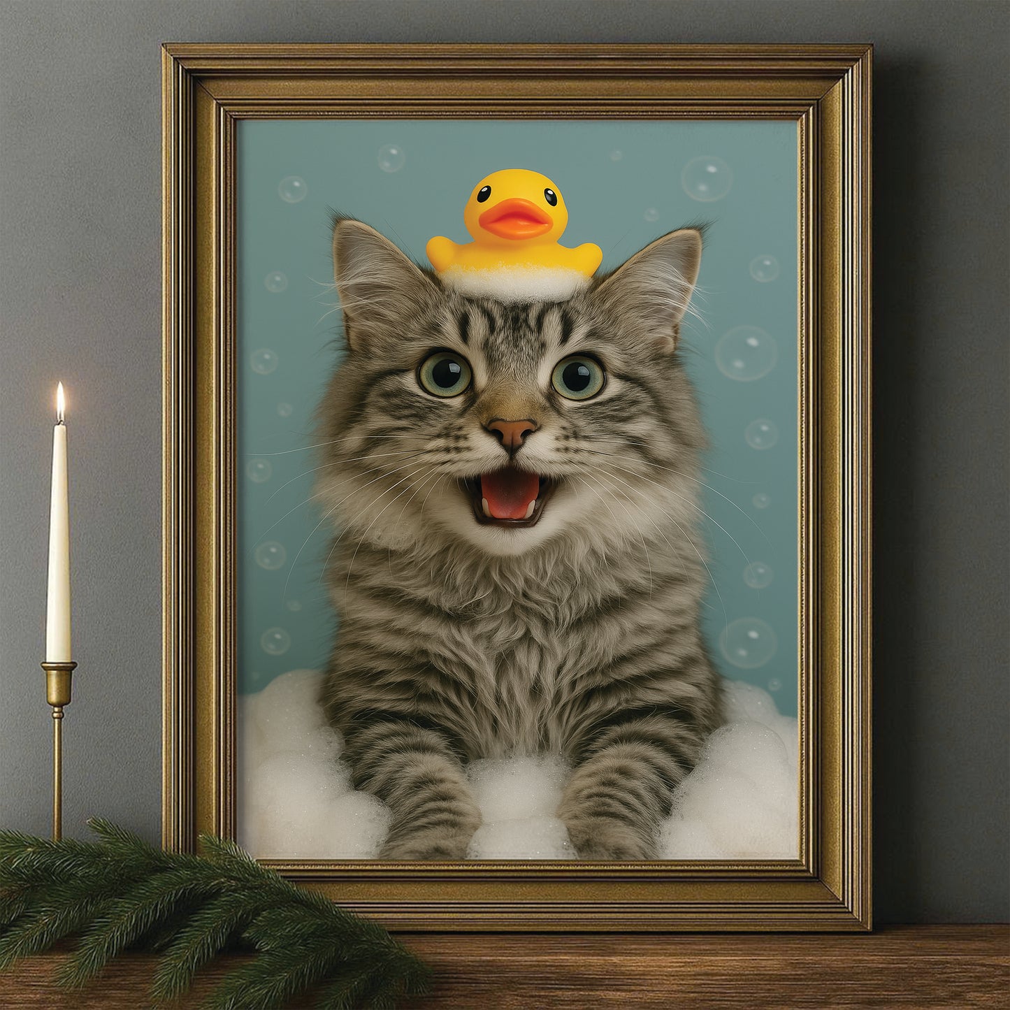 Custom Photo Cat In Bathtub With Duck Toy Canvas Framed Wall Art