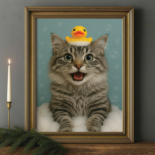 Custom Photo Cat In Bathtub With Duck Toy Canvas Framed Wall Art