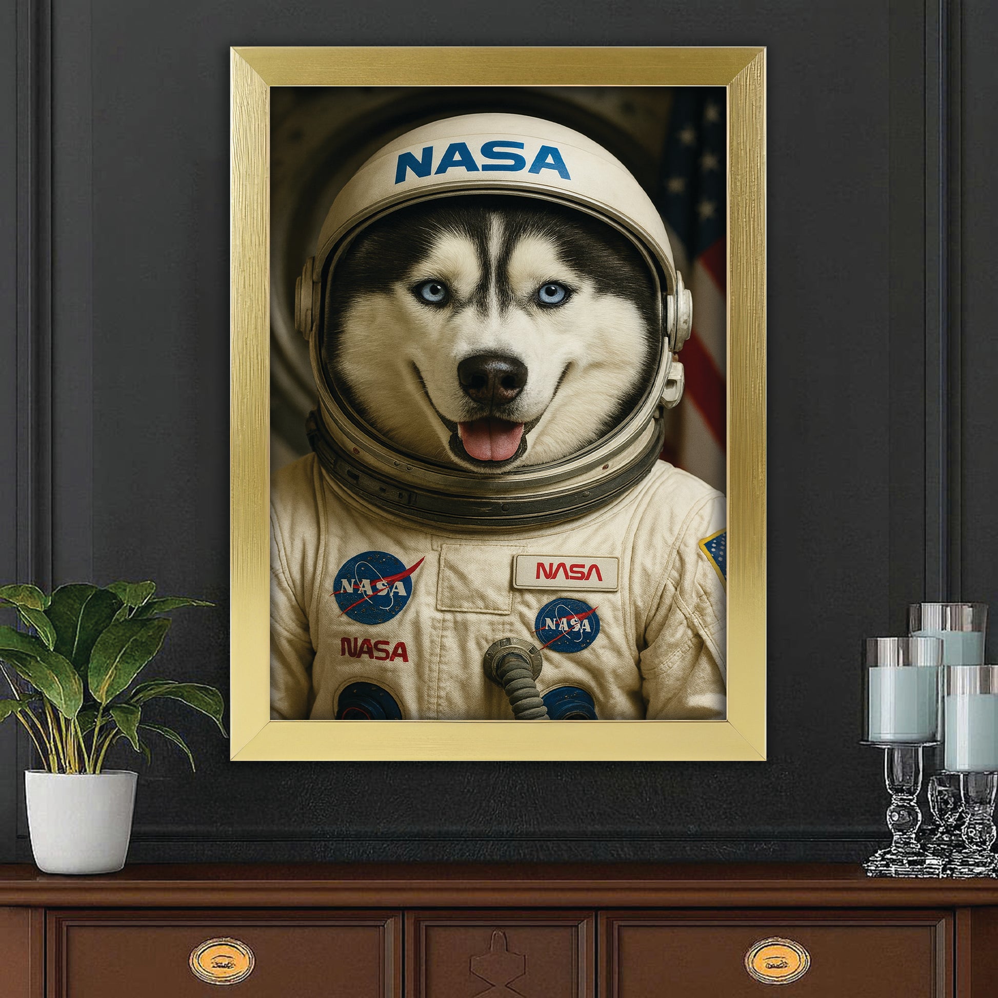 Custom Photo Astronaut Dog Canvas Framed Wall Art Gift For Dog Lovers